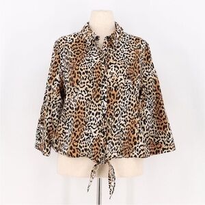 CHICO'S Button Front Shirt Leopard Print No Iron Front Tie Size 3 (XL/16) NWOT